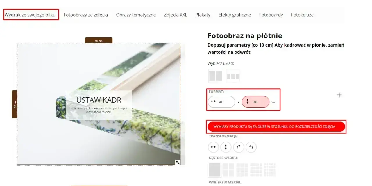 Wybór formatu wydruku 40x30 cm na stronie Bobraz.pl. Ustawianie kadru dla fotoobrazu.