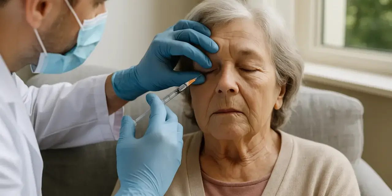 Medico con guanti esegue iniezioni intravitreali a un'anziana. Valutare attentamente le iniezioni intravitreali controindicazioni prima del trattamento.