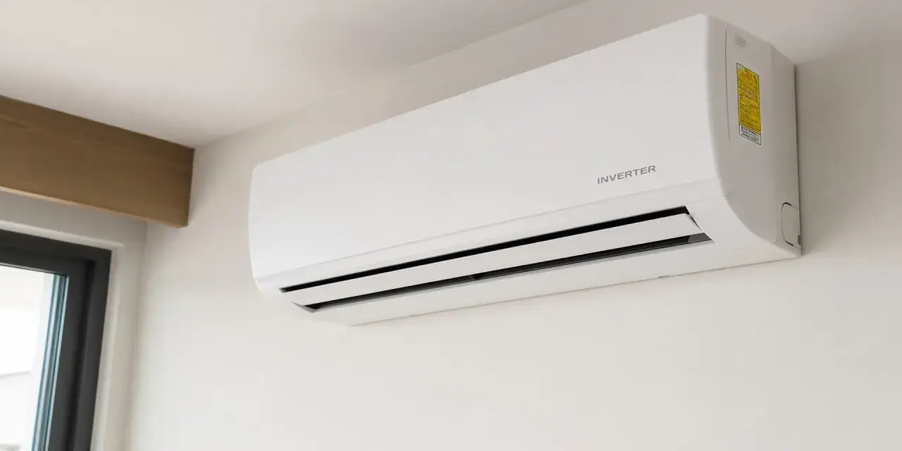 Unidad de aire acondicionado blanca con tecnología inverter, montada en pared blanca, cerca de una ventana.