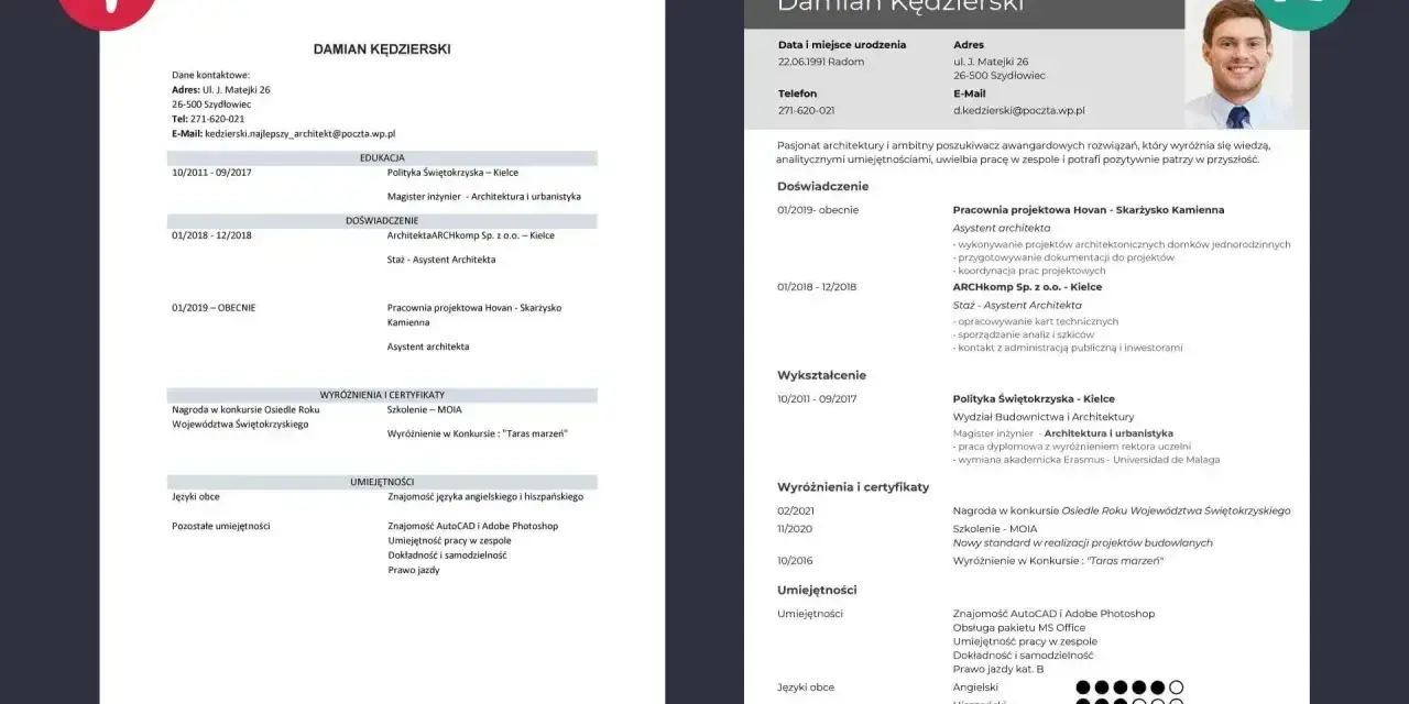 CV Damiana Kędzierskiego: moje umiejętności przykłady, doświadczenie, wykształcenie, nagrody i certyfikaty.