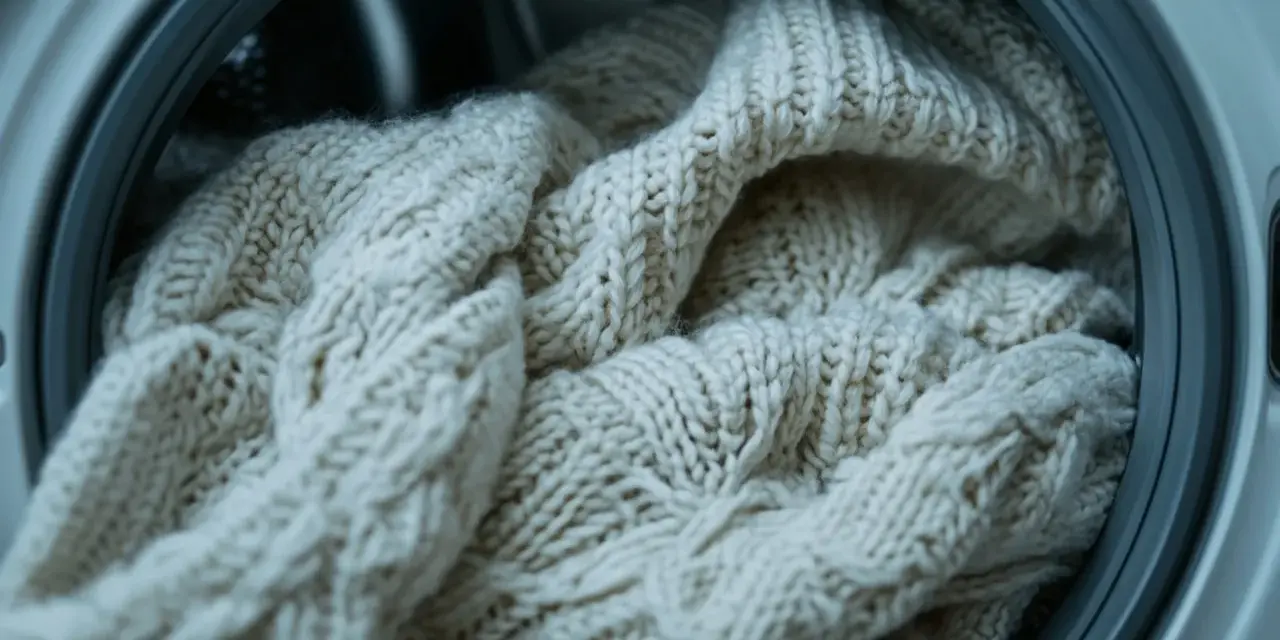 Biały, gruby sweter z warkoczami w bębnie pralki. Dowiedz się, jak prać wełniane swetry, by służyły latami.