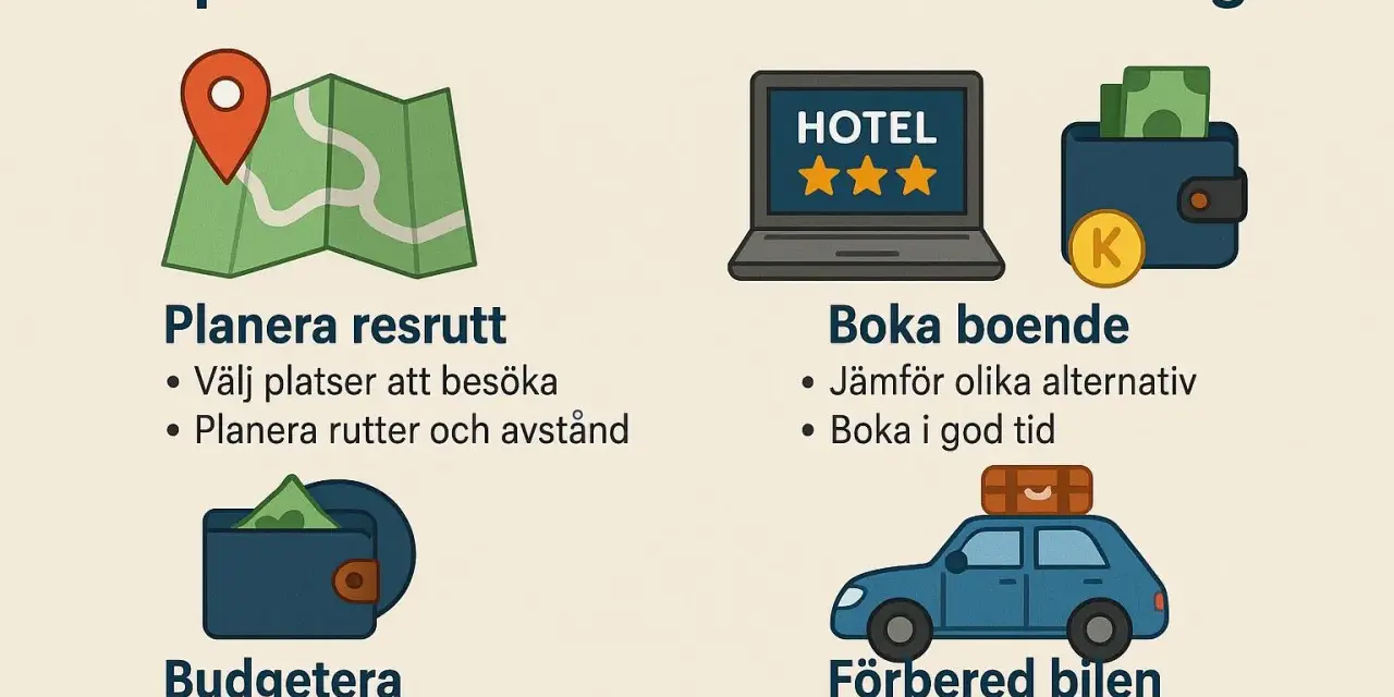 Planera din roadtrip Sverige sommar: karta, hotellbokning, budget och bilförberedelser.