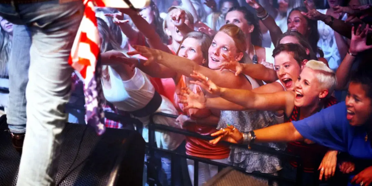 Begeisterte Fans, die nach ihrem Idol greifen – so sehen sie aus, die Groupies, die die Energie eines Konzerts spüren.