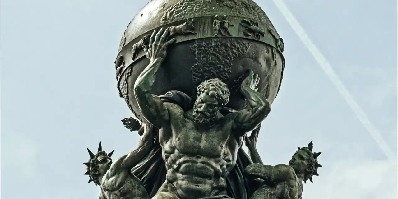 Atlas, punished for his role in the Titanomachy, bears the weight of the world. This bronze sculpture depicts him straining under the celestial sphere.