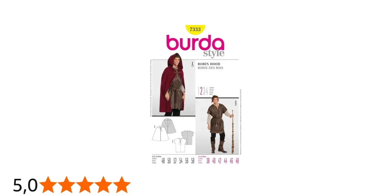 Patron Burda 7333 pour une cape et tunique style Robin des Bois. Idéal pour un costume historique.