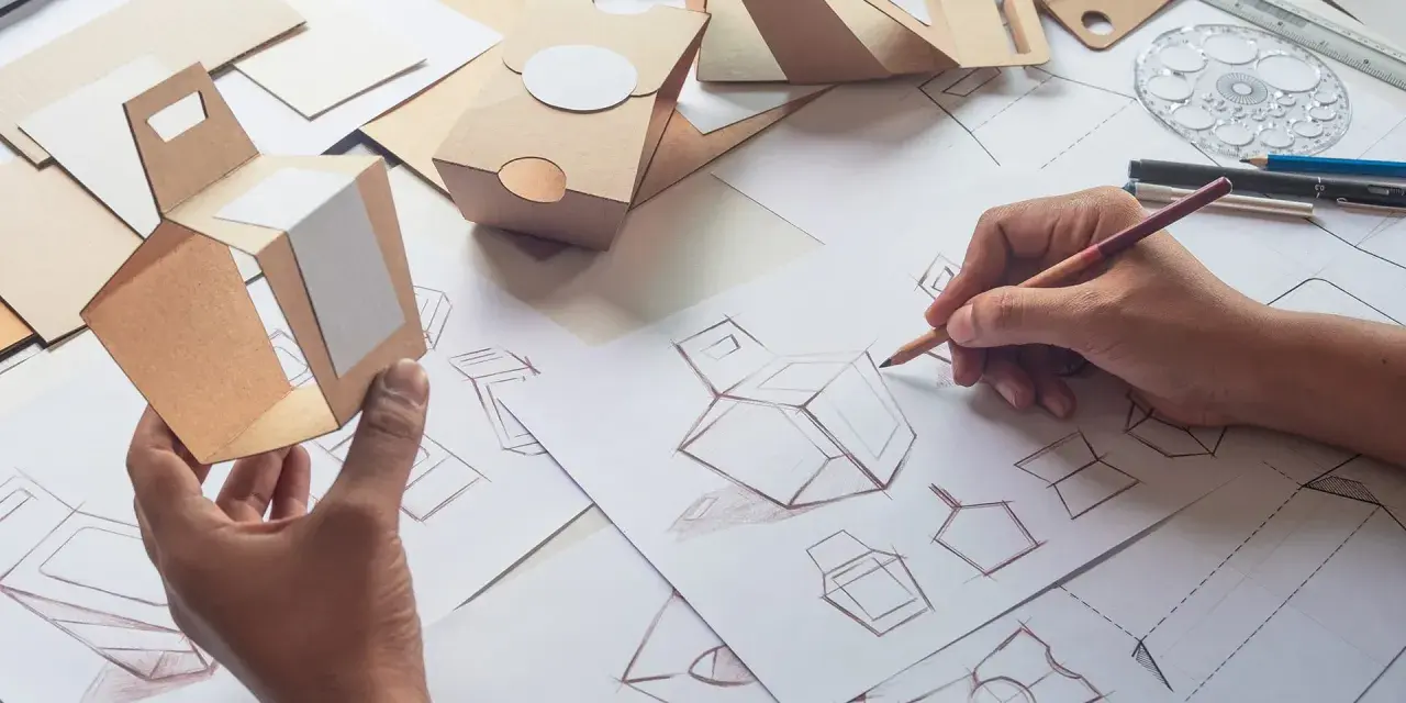 Hände skizzieren und falten Kartonmodelle für ein Produktdesign Studium. Verschiedene Verpackungsentwürfe liegen auf dem Tisch.