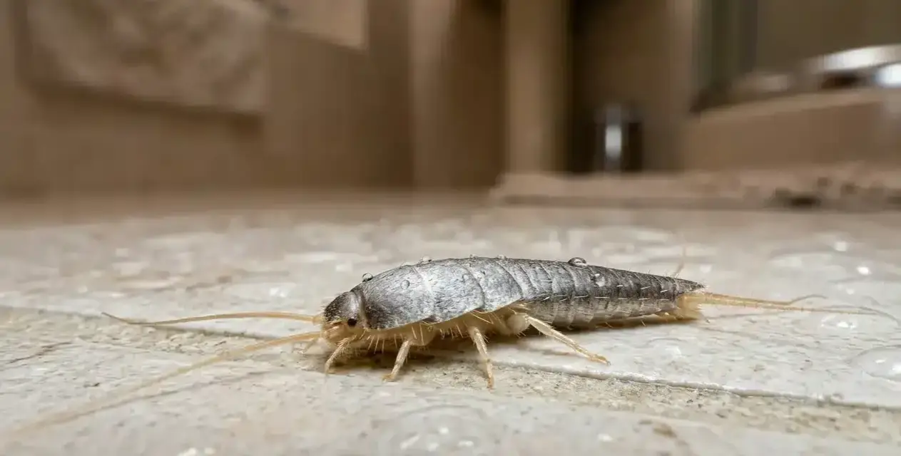Un pececillo de plata, con su cuerpo plateado y escamas brillantes, se arrastra sobre baldosas húmedas del baño.