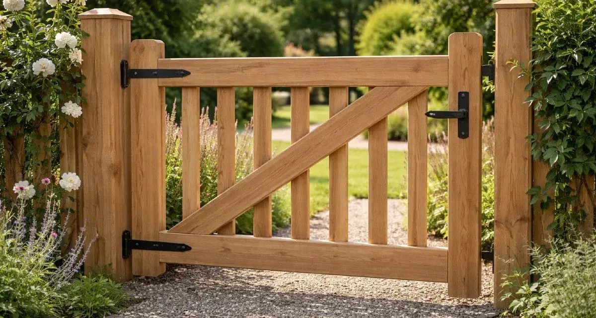 En vacker trägrind, perfekt för att bygga in din trädgård. Den har en robust design med svarta gångjärn och handtag.