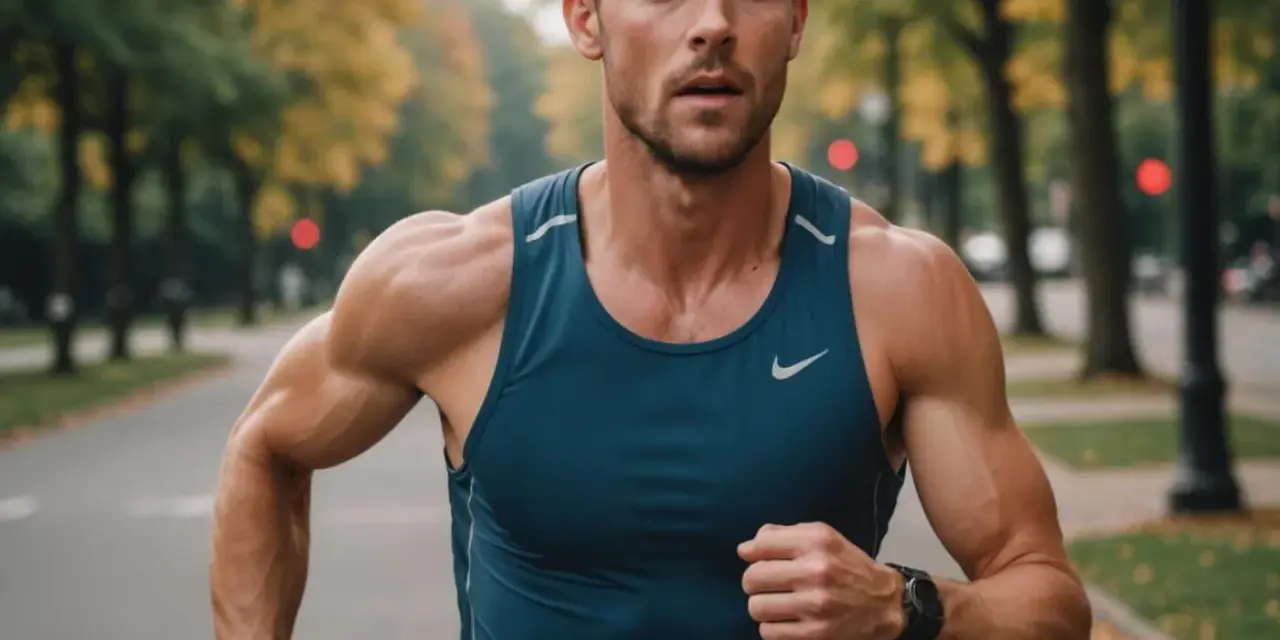 Mężczyzna w sportowym topie biegnie ulicą, skupiony na swoim oddechu. Właściwe jak oddychać podczas biegu to klucz do wytrzymałości.