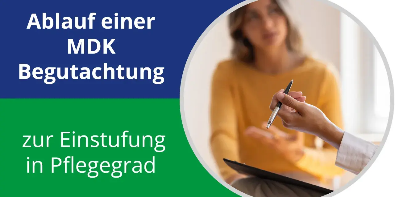 Ablauf einer MDK Begutachtung zur Einstufung in Pflegegrad. Zwei Personen im Gespräch, eine hält einen Stift.