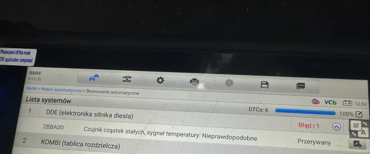Diagnostyka BMW: błąd DTC P1622 w DDE (elektronika silnika diesla). Wykryto 6 błędów, jeden z nich to czujnik temperatury.