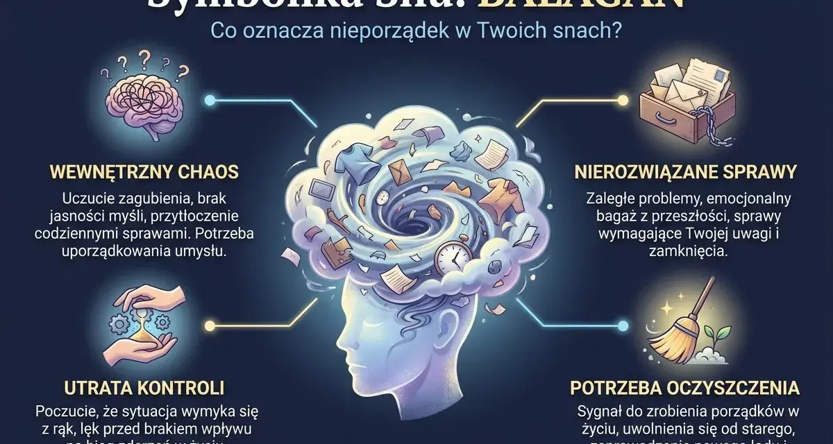 Bałaganiarstwo w snach to nie tylko bałagan, ale też odzwierciedlenie chaosu psychicznego, nierozwiązanych spraw i utraty kontroli. Potrzeba oczyszczenia.