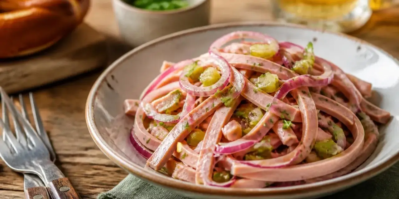 Ein köstlicher schweizer wurstsalat mit roten Zwiebeln und Gurken, serviert in einer Schüssel auf einem Holztisch.