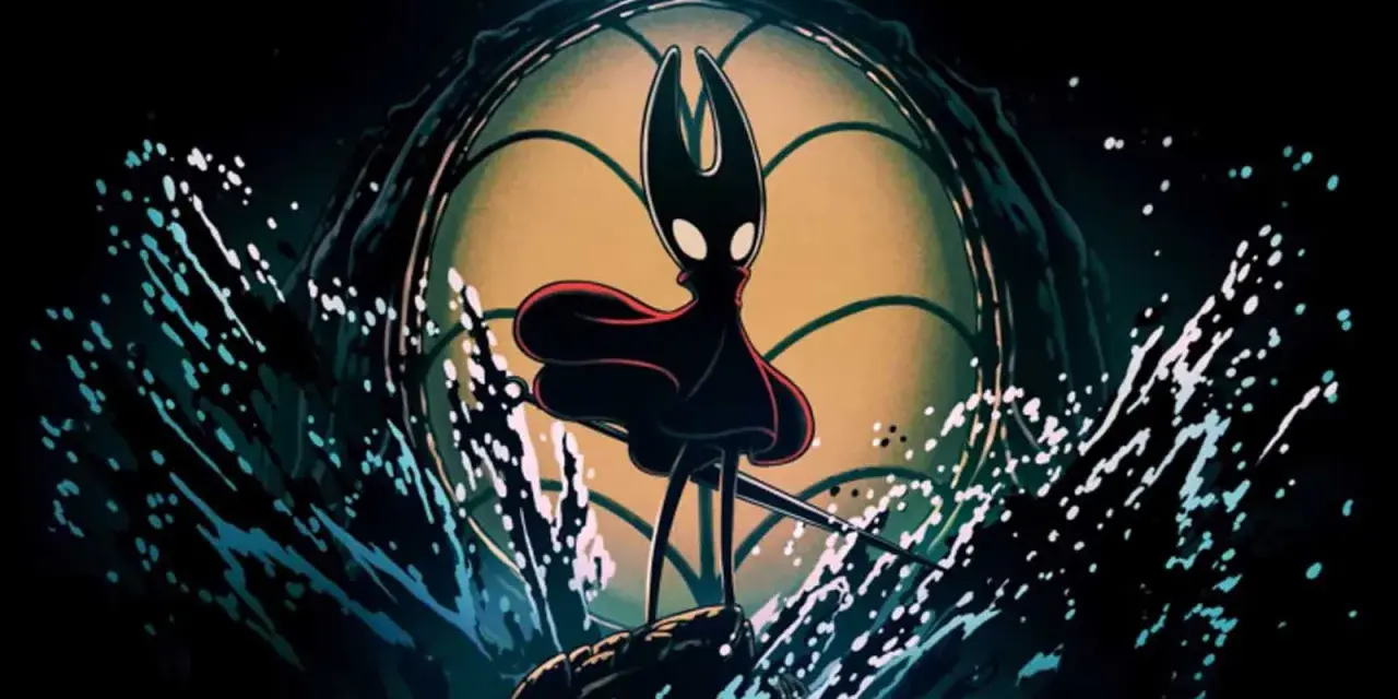 Hornet, con su capa roja ondeando, se alza sobre una roca rodeada de salpicaduras de agua. El fondo evoca la atmósfera de Silksong DLC.