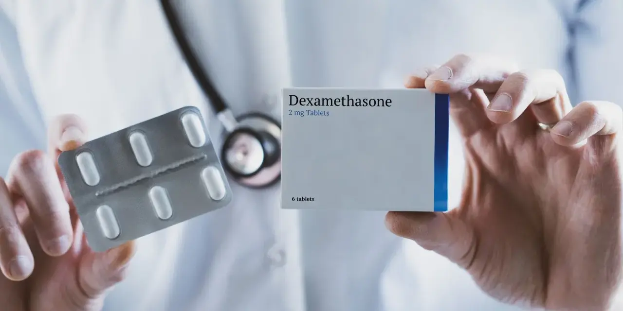 Lekarz prezentuje opakowanie leku Dexamethasone 2 mg oraz blister z tabletkami.