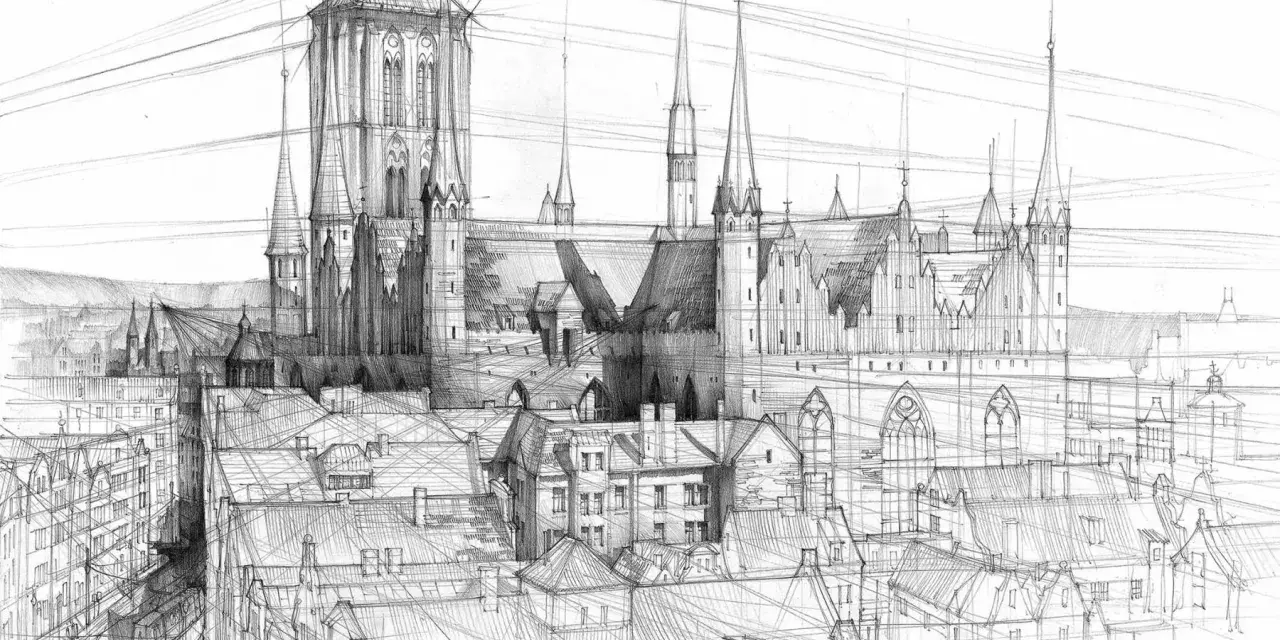 Szkic architektoniczny miasta z dominującą katedrą i licznymi dachami. W tle widać góry, a na pierwszym planie tramwaj. Tło pod rysunkiem jest białe.