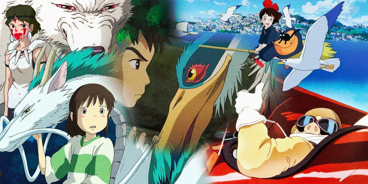 Collage di film di Studio Ghibli: Chihiro con Haku, San e il lupo, Kiki con Jiji e Porco Rosso in aereo.