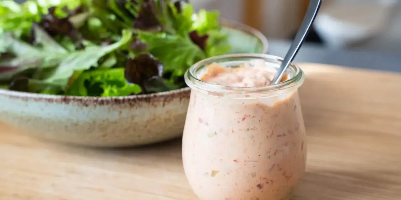 Ein Glas mit Thousand Island Dressing steht neben einer Schüssel Salat. Perfekt für den nächsten Salat!