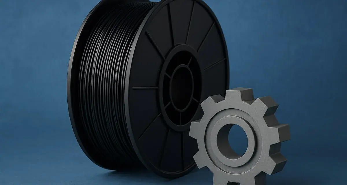 Szpula czarnego filamentu ABS i szare koło zębate. Materiał ABS ma wysoką temperaturę mięknienia, co czyni go idealnym do druku 3D.