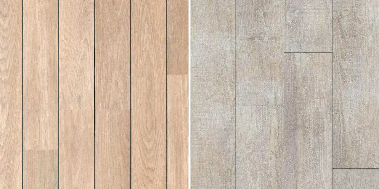 Dos muestras de suelo laminado biselado. A la izquierda, lamas de madera clara con vetas marcadas. A la derecha, lamas de madera desgastada en tono beige.