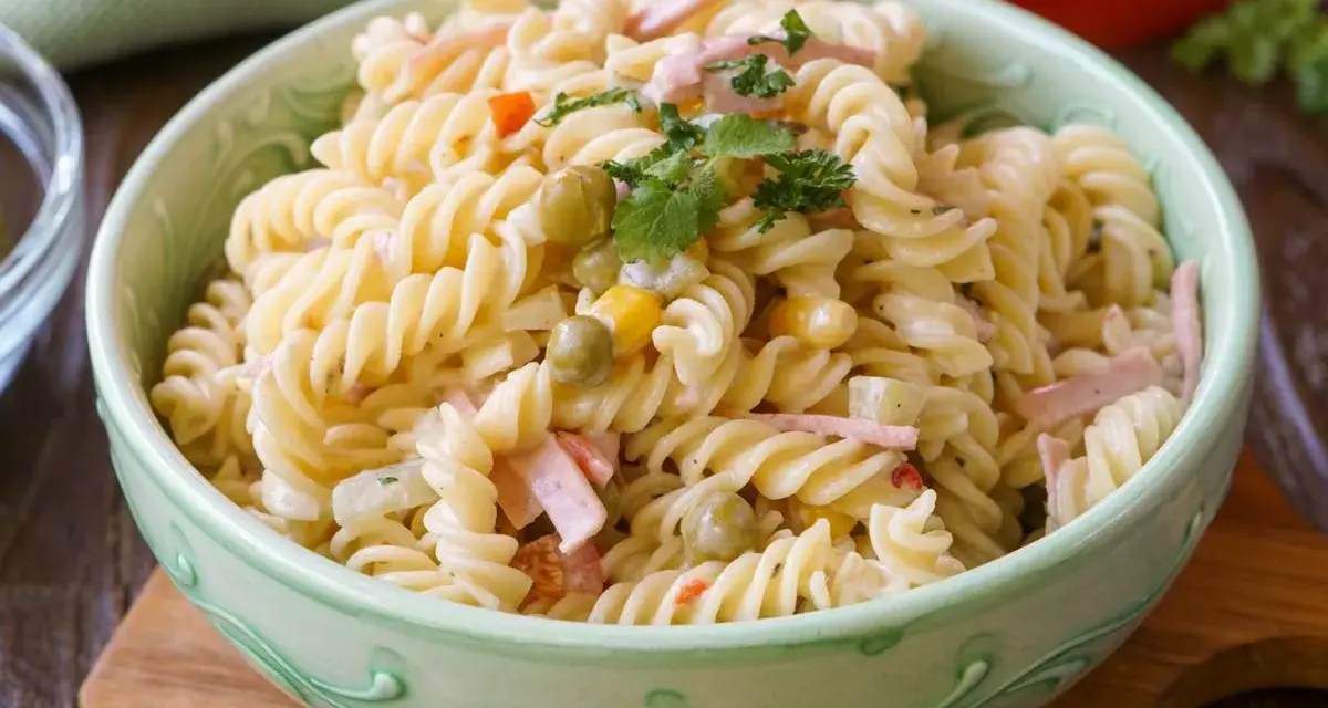 Ein cremiger Nudelsalat mit Erbsen, Mais und Schinkenwürfeln, der an einen herzhaften Fleischsalat erinnert. Garniert mit Petersilie.
