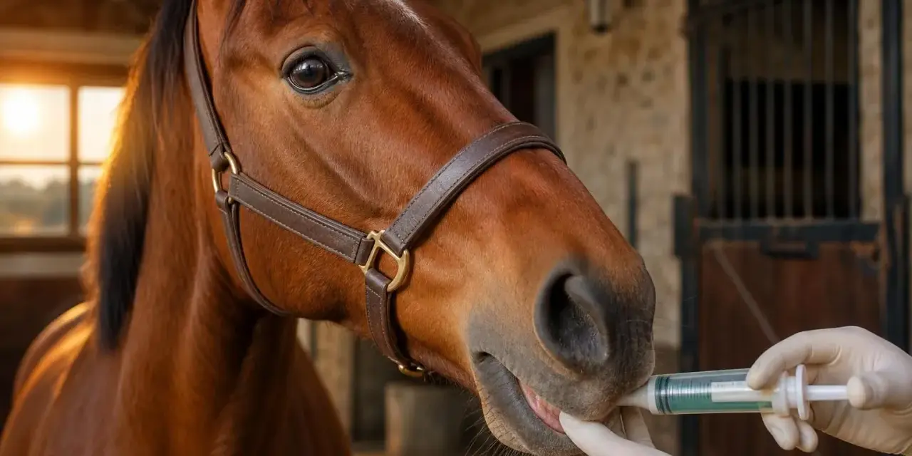 Un cheval brun reçoit un médicament par seringue, une étape importante pour sa coproscopie.