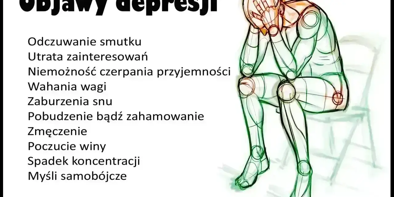 Postać skulona w geście rozpaczy, odczuwająca głęboki smutek. Obok lista objawów depresji, m.in. utrata zainteresowań, zmęczenie, myśli samobójcze.