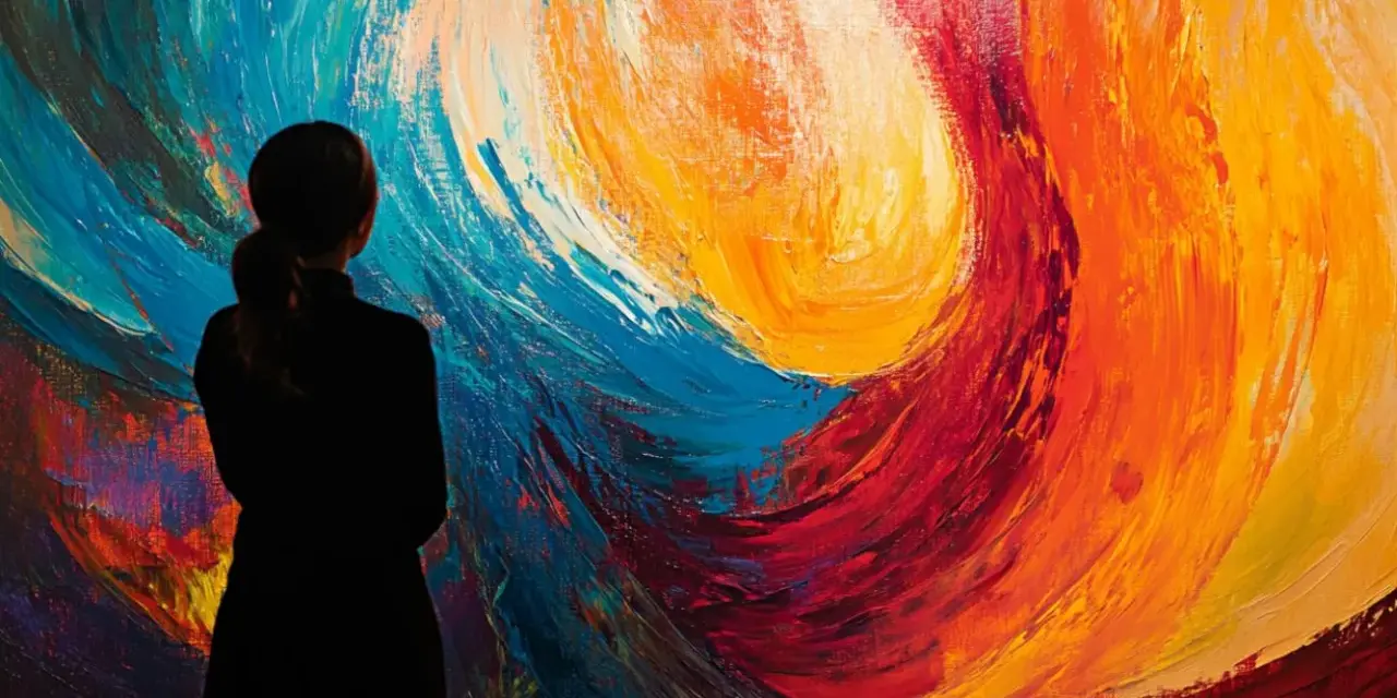 Silueta de una persona contemplando una obra de abstracción lírica, con vibrantes remolinos de azul, rojo y amarillo.