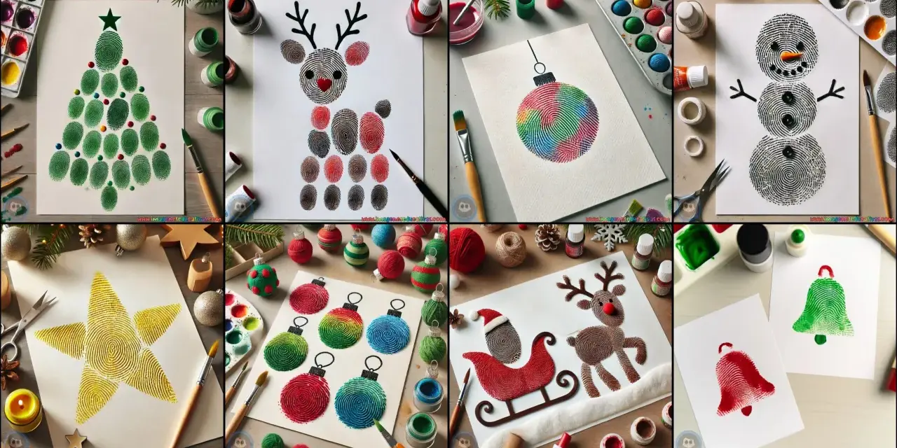 Creaciones navideñas con huellas dactilares: árbol, reno, muñeco de nieve, estrella, adornos y campanas. ¡Manos navideñas llenas de arte!