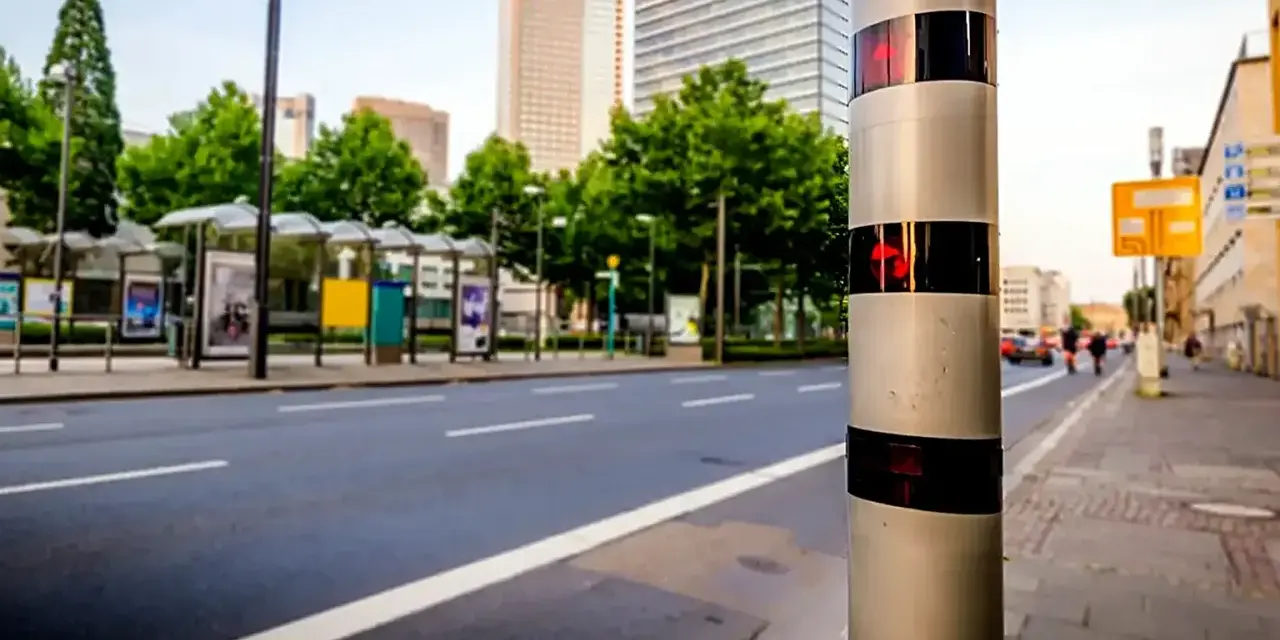 Blitzlicht warnt: Innerorts 17 kmh zu schnell. Ein Blitzer steht am Straßenrand, im Hintergrund Hochhäuser und Bushaltestellen.