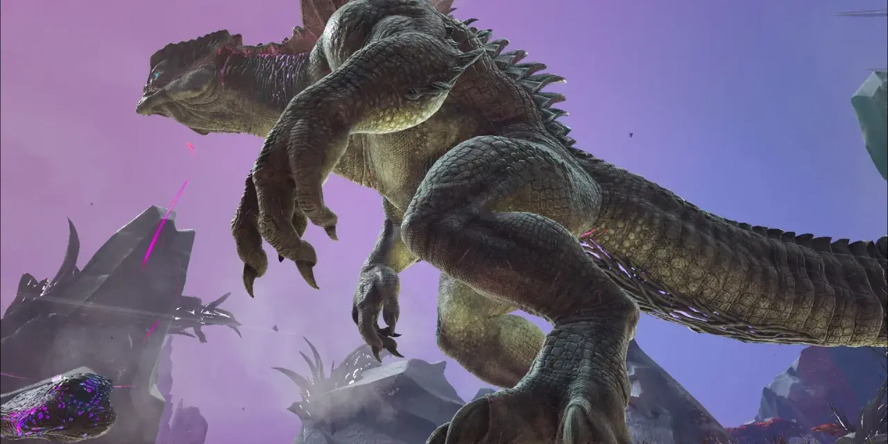 Gigantesco reptil con escamas verdes y moradas, con garras afiladas, en un paisaje alienígena. ¡Descubre los trucos de Ark para dominarlo!