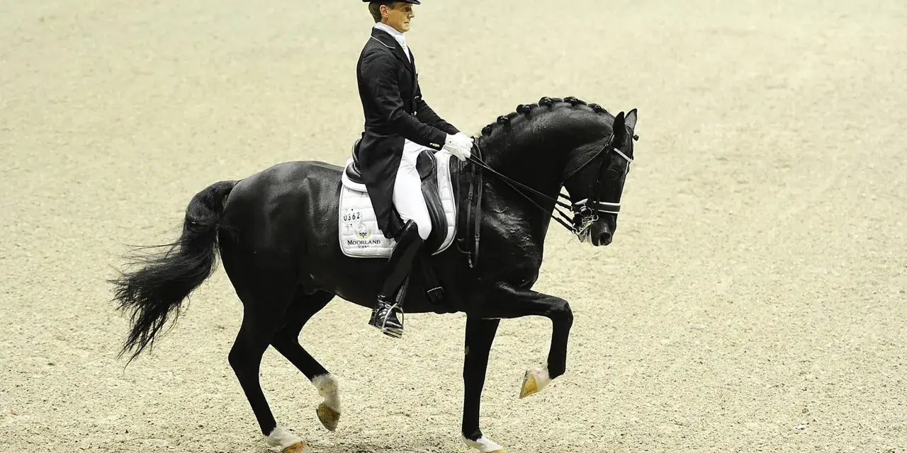 Un cavalier en habit de soirée monte un cheval noir, Totilas, dans une arène de dressage.