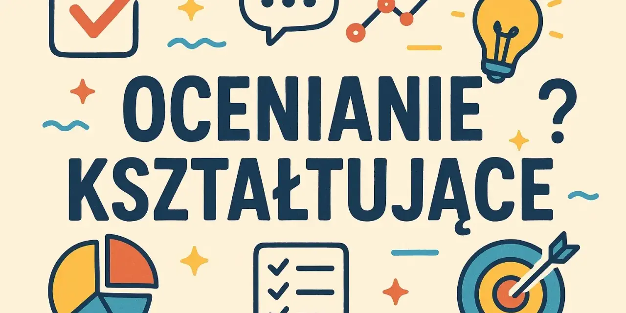 Ocenianie kształtujące w edukacji wczesnoszkolnej: przykłady. Grafika z ikonami symbolizującymi naukę, rozwój i cele.