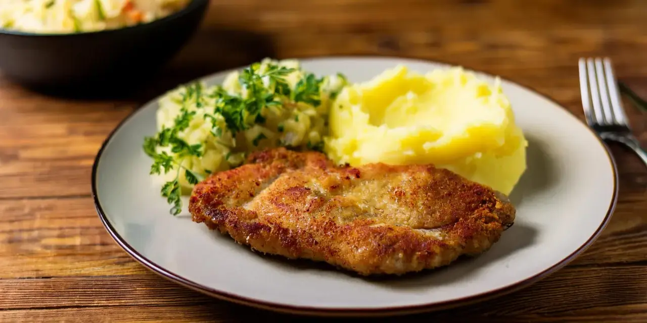 Chrupiące schabowe z airfryer, podane z purée ziemniaczanym i surówką. Pyszny obiad gotowy w mgnieniu oka!