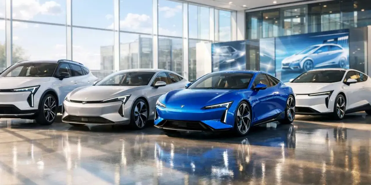 Vier elegante Elektroautos der Marke Zeekr stehen in einer hellen Halle. Ein blauer Sportwagen dominiert die Mitte.