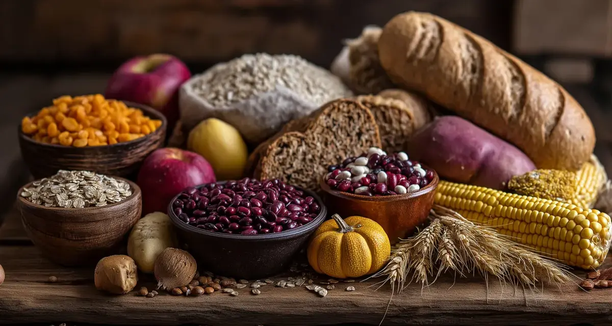 Różnorodne produkty bogate w węglowodany: chleb, zboża, fasola, kukurydza, ziemniaki, jabłka, dynia.