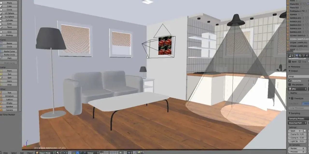 Projekt wnętrza w **blender aplikacja**: salon z aneksem kuchennym, widok z kamery, z zaznaczonymi światłami i elementami sceny.