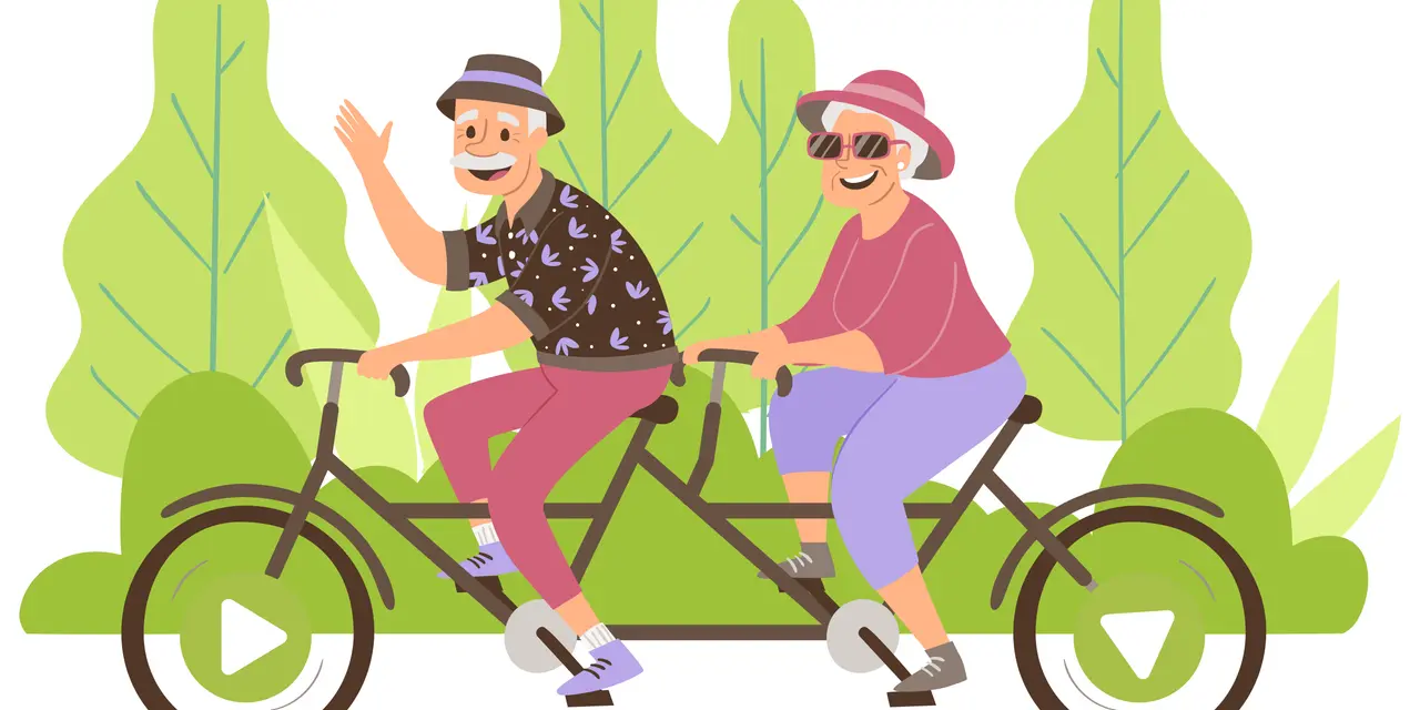 Szczęśliwa para seniorów na rowerze tandemowym, ciesząca się aktywnością po odprawie emerytalnej.