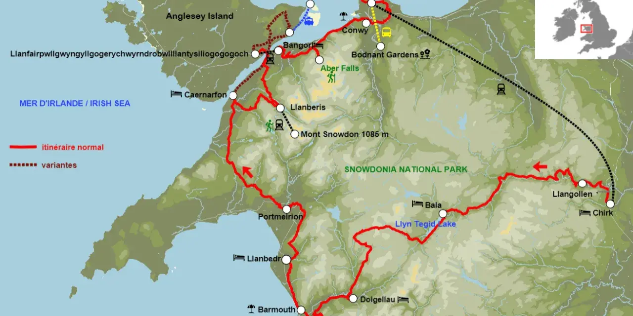 Carte d'un itinéraire de séjour au Pays de Galles, traversant Snowdonia, Anglesey et la côte.