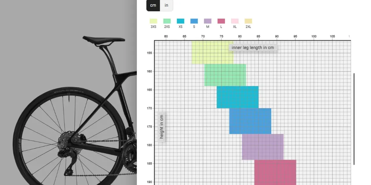 A cyclocross bike and a sizing chart showing height vs. inner leg length for different sizes.