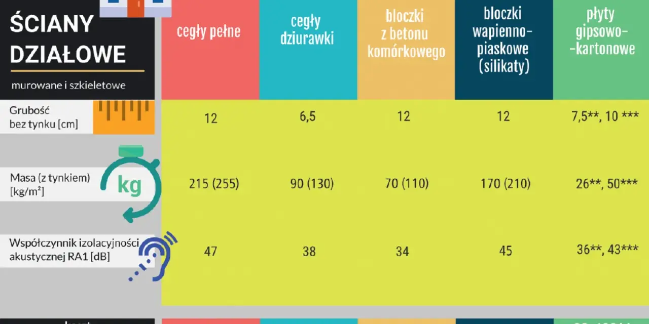 Porównanie grubości ścian działowych: cegły pełne (12 cm), bloczki komórkowe (12 cm), płyty gipsowo-kartonowe (7,5-10 cm).