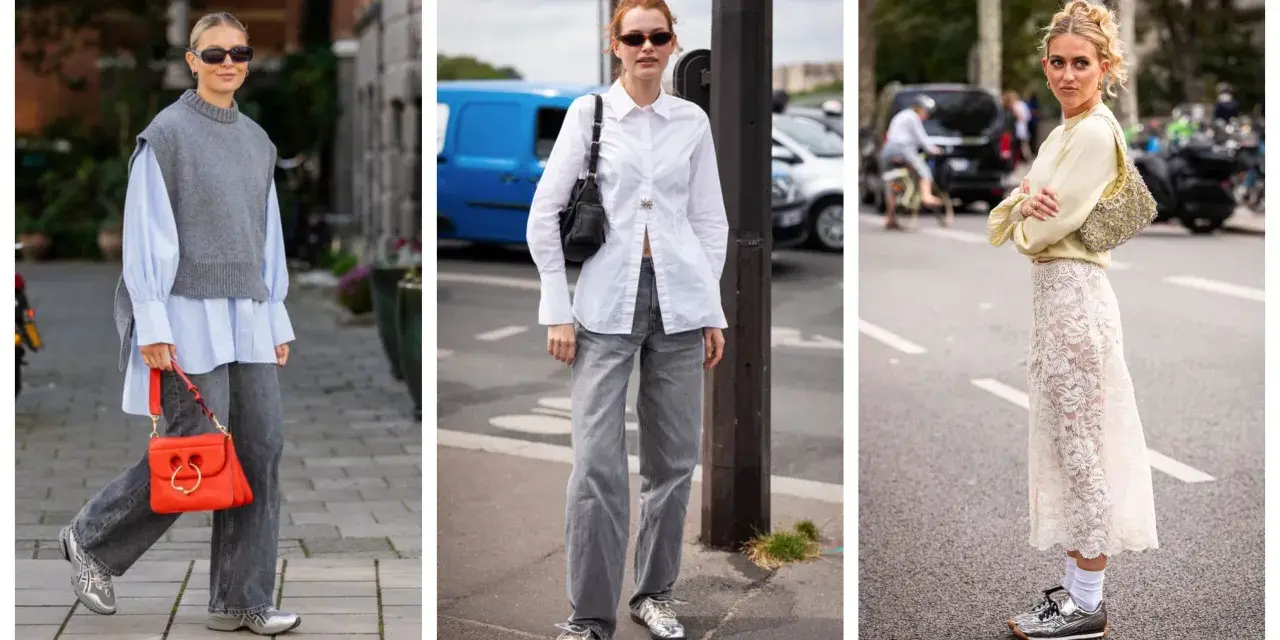 Tre donne sfoggiano un outfit elegante con sneakers donna: look casual chic con gilet grigio, camicia bianca e gonna in pizzo.