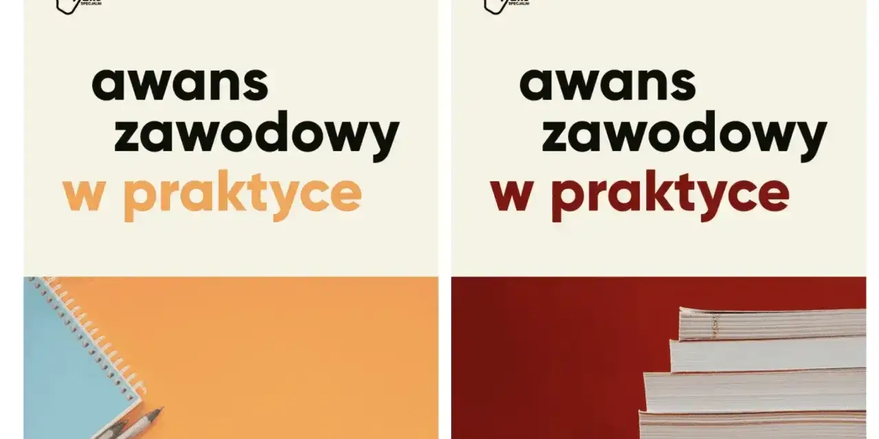 Dwa panele o awansie zawodowym. Lewy: "Na starych zasadach", zeszyt i przybory. Prawy: "Na nowych zasadach", stos książek. Idealne dla nauczyciela mianowanego.