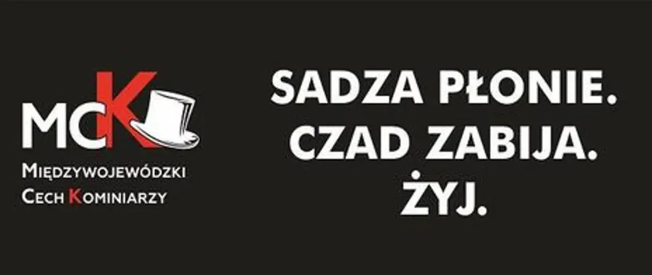 Logo MCK Międzywojewódzki Cech Kominiarzy. Napis: Sadza płonie. Czad zabija. Żyj. Przypomnienie o zagrożeniach i ustawa kominowa.