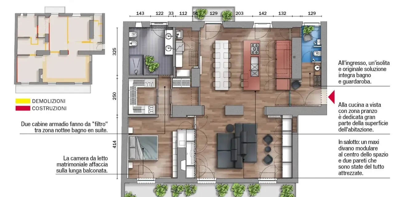 Planimetria di progetto per come dividere una casa di 150 mq: ingresso con bagno/guardaroba, cucina a vista, salotto con divano modulare.
