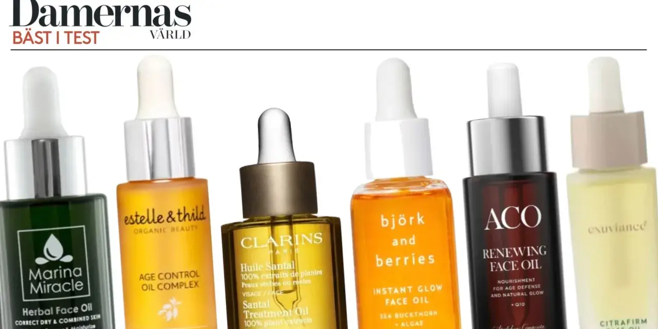Flera ansikts oljor i glasflaskor med pipettlock, inklusive Marina Miracle, Estelle & Thild, Clarins, Björk & Berries, ACO och Exuviance.