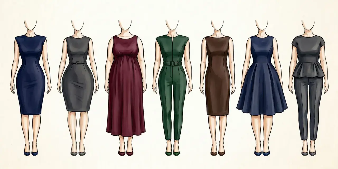 Siluetas de mujer con diferentes tipos de cuerpo, incluyendo un cuerpo reloj de arena gorditas, vestidas con trajes y vestidos.