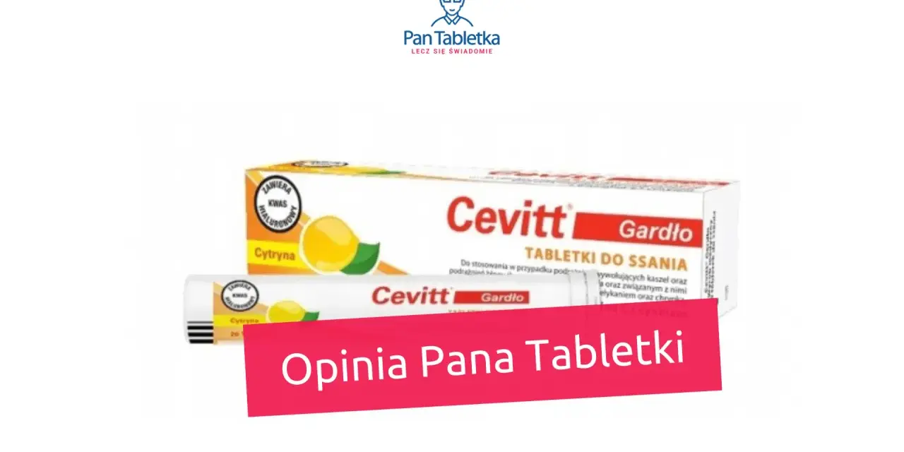 Opakowanie tabletek na ból gardła Cevitt Gardło o smaku cytrynowym.