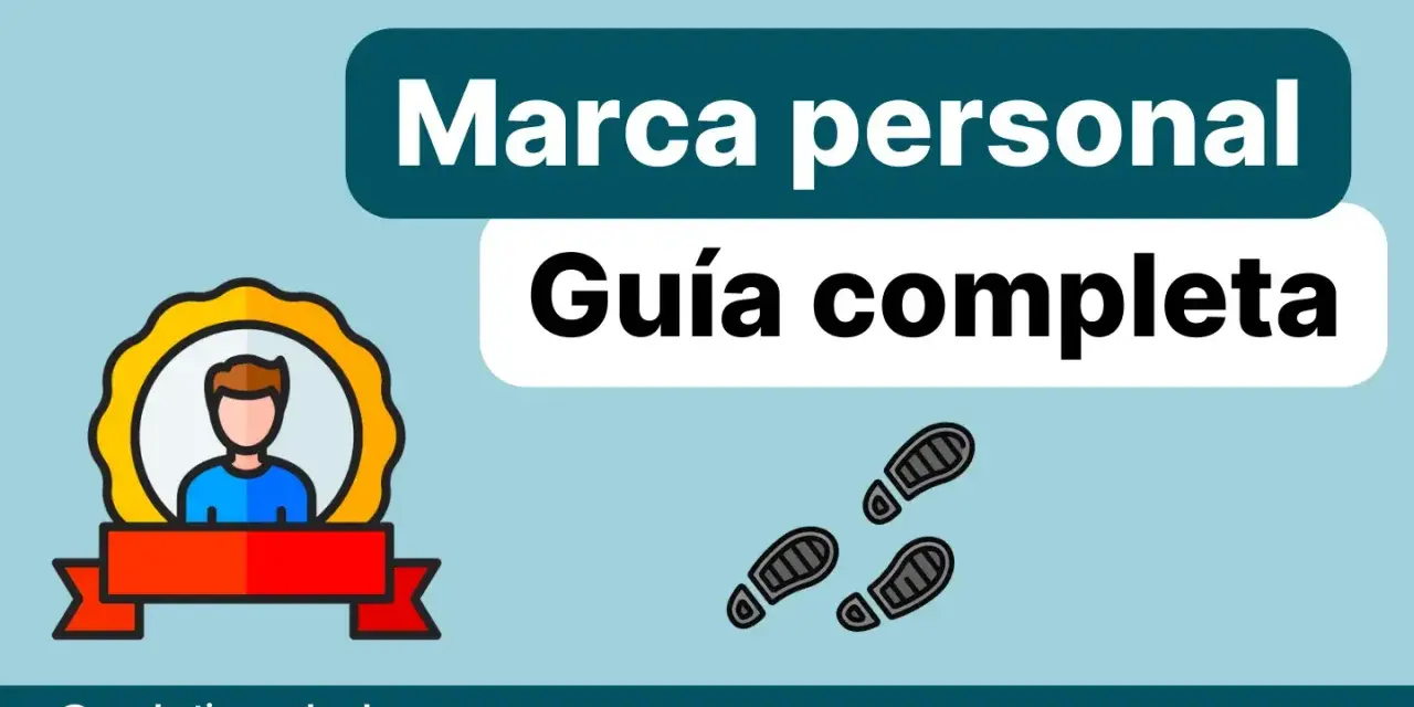 Ilustración de una guía completa de marca personal, con un icono de persona premiada y huellas.