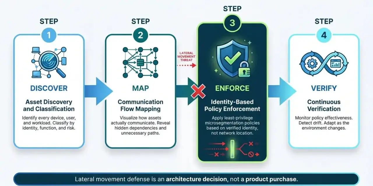 Four steps to prevent lateral movement: Discover assets, Map communication, Enforce identity-based policies, and Verify continuously.